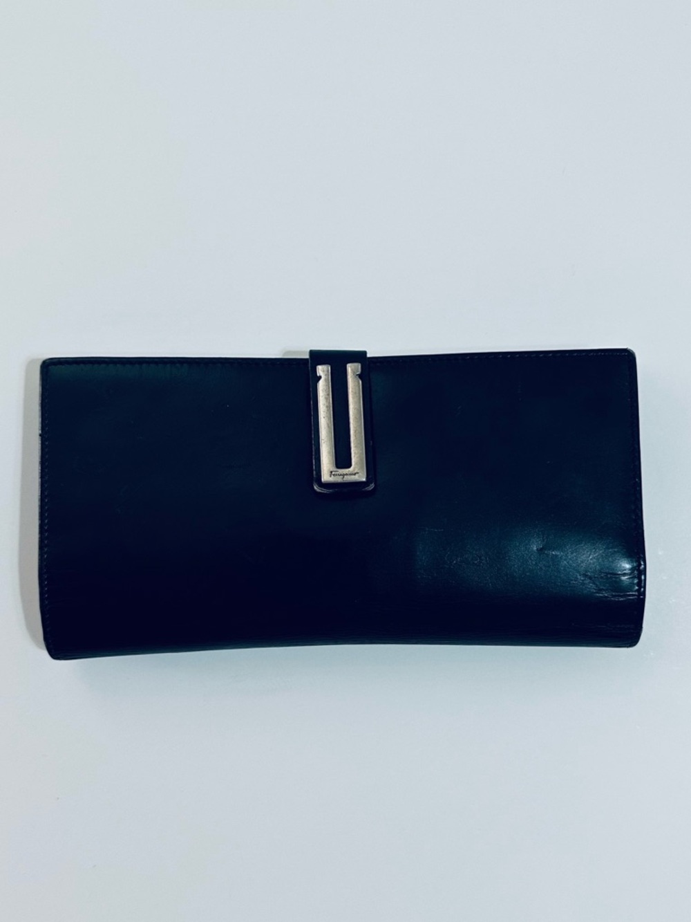 MEN’S SALVATORE FERRAGAMO BLACK LEATHER CONTINENTAL WALLET SILVER HARDWARE ITALY